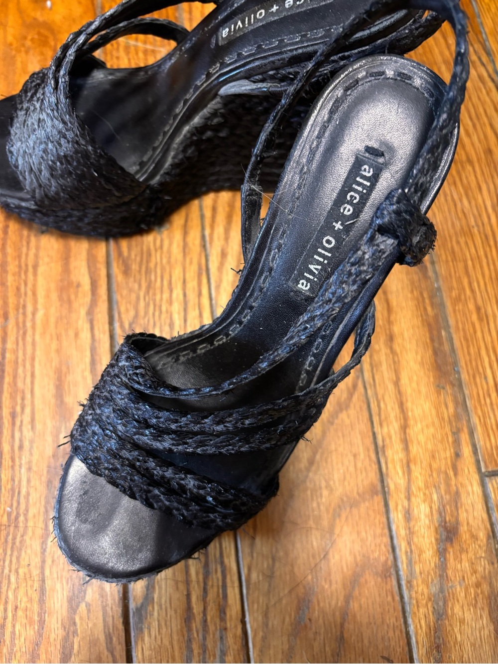 Alice + Olivia Black Braided Wedge Sandals with Ankle Tie